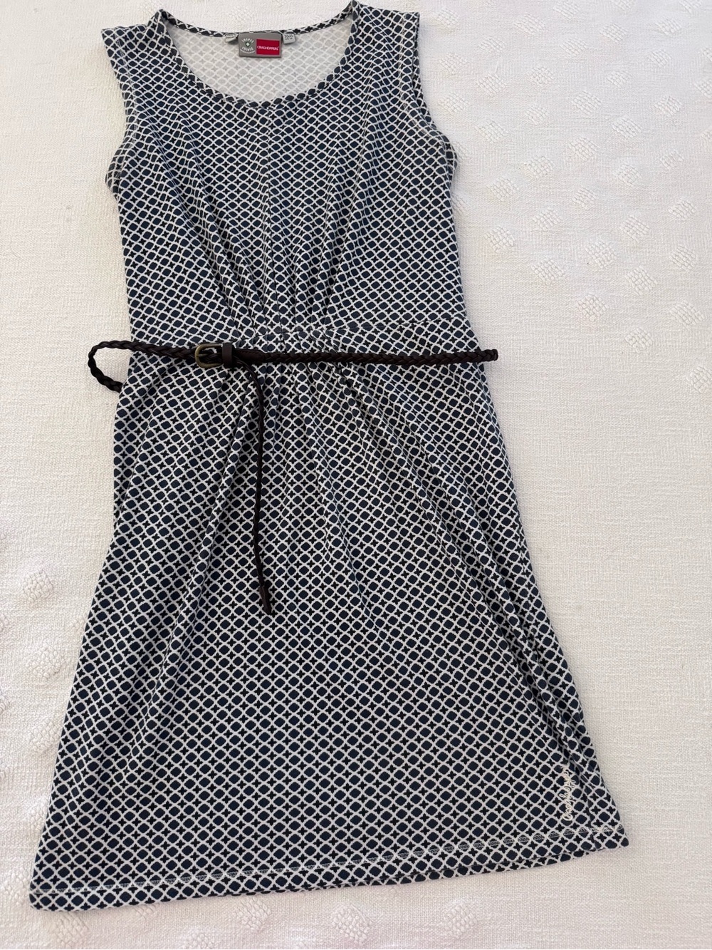 Grasshopper belted dress-SZ 12 diamond cross pattern Blue /White Brown belt
B1